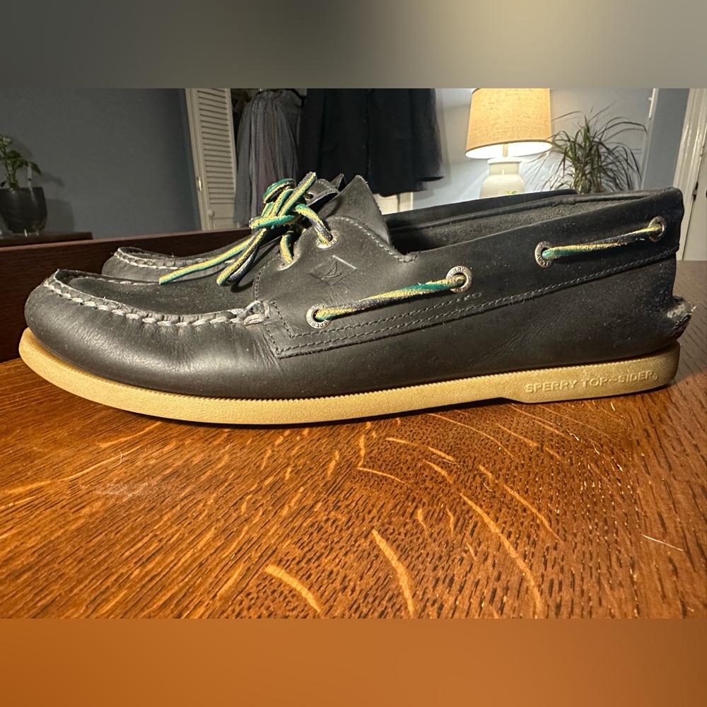 Sperry Topsider~Size 13~Navy Blue Leather~Green~Boat Shoe - Picture 2 of 8